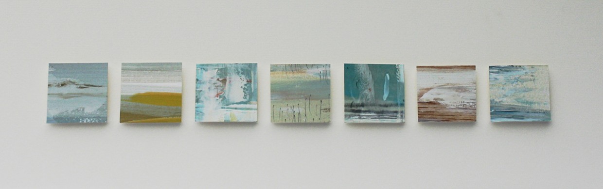 Float I, 7x mini pics, oil, oil stick, pencil on paper, elevated, 30 x 90 cm deep box frame 2015