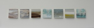 Float II, 7x mini pics, oil, oil stick, pencil on paper, elevated, 30 x 90 cm deep box frame, 2015