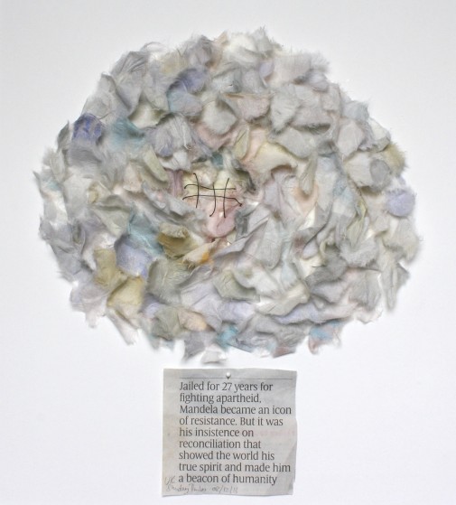 Fading Rainbow Nation I, Hand painted diluted acrylic on torn cotton paper, wire, newspaper cutting, acid free glue on paper size